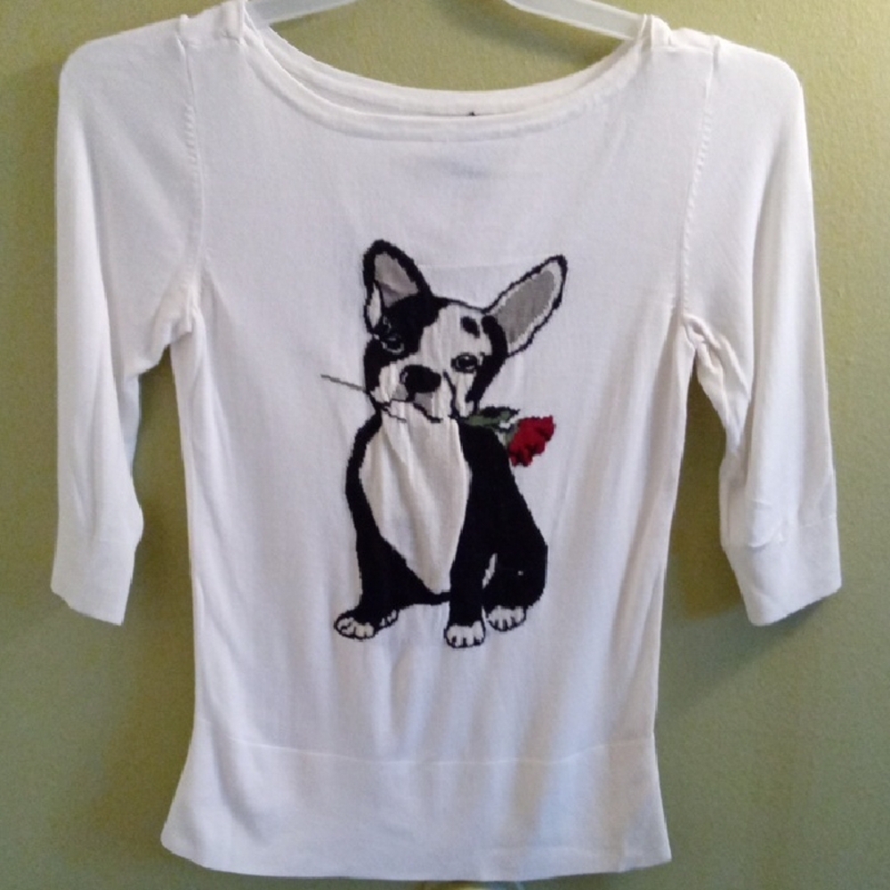 Womans XS White House Black Market Black and White Dog With Rose Long Sleeve Tee - Picture 1 of 4